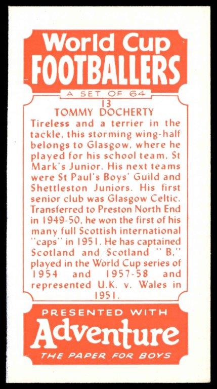 Thomson (D.C.) - 'World Cup Footballers (Adventure)' (1958) - Tommy Docherty (Preston North End) Thomson (D.C.) - 'World Cup Footballers (Adventure)' (1958) - Tommy Docherty (Preston North End)