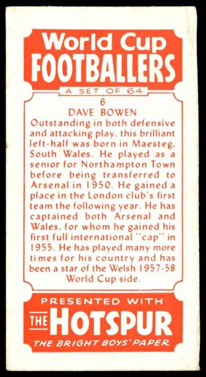 Thomson (D.C.) - 'World Cup Footballers (Hotspur)' (1958) - Dave Bowen (Arsenal) Thomson (D.C.) - 'World Cup Footballers (Hotspur)' (1958) - Dave Bowen (Arsenal)