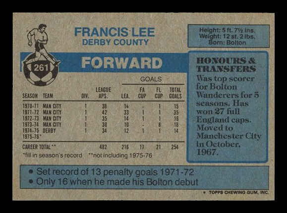 Topps (UK) - 'Footballers (Blue Back 221-330)' (1976) - Francis Lee (Derby County) Topps (UK) - 'Footballers (Blue Back 221-330)' (1976) - Francis Lee (Derby County)