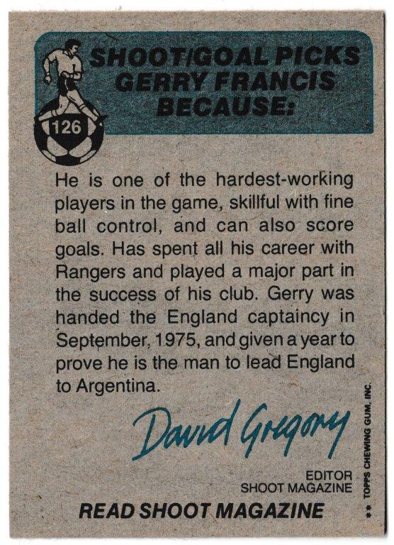 Topps (UK) - 'Footballers (Blue Back 111-220) Card #126 - Gerry Francis (England) Topps (UK) - 'Footballers (Blue Back 111-220) Card #126 - Gerry Francis (England)