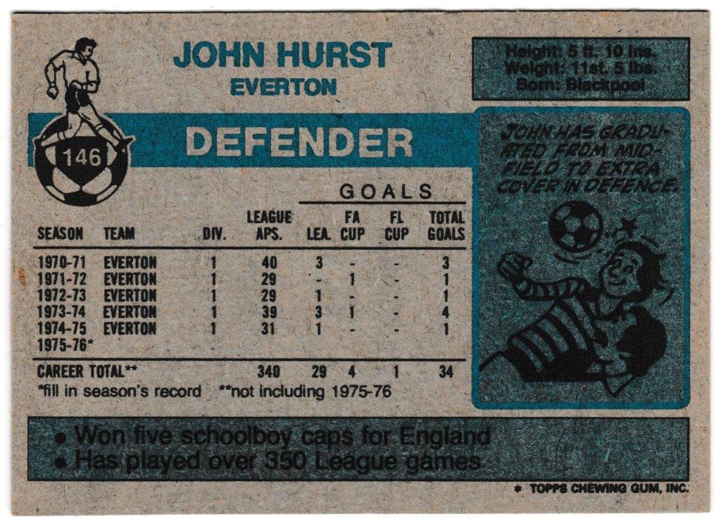 Topps (UK) - 'Footballers (Blue Back 111-220) Card #146 - John Hurst (Everton) Topps (UK) - 'Footballers (Blue Back 111-220) Card #146 - John Hurst (Everton)