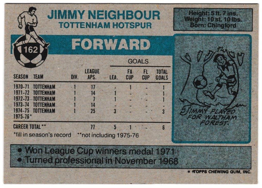 Topps (UK) - 'Footballers (Blue Back 111-220) Card #162 - Jim Neighbour (Tottenham) Topps (UK) - 'Footballers (Blue Back 111-220) Card #162 - Jim Neighbour (Tottenham)