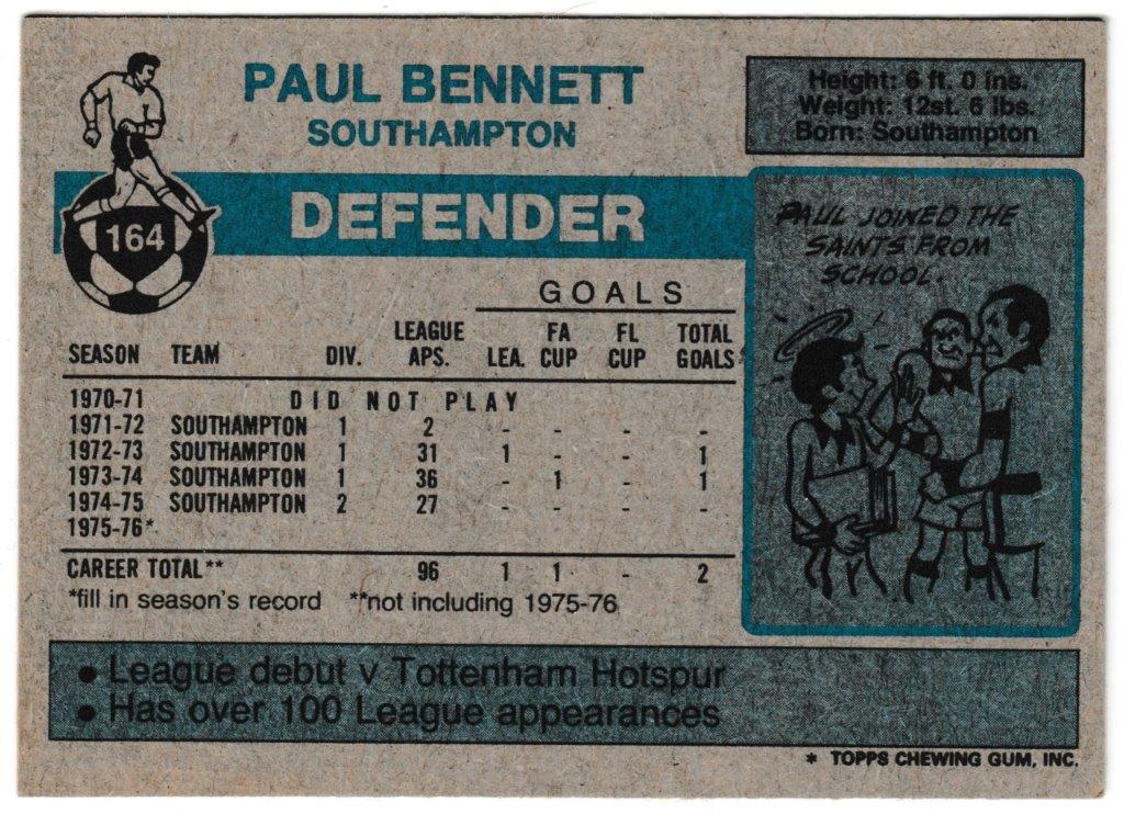 Topps (UK) - 'Footballers (Blue Back 111-220) Card #164 - Paul Bennett (Southampton) Topps (UK) - 'Footballers (Blue Back 111-220) Card #164 - Paul Bennett (Southampton)