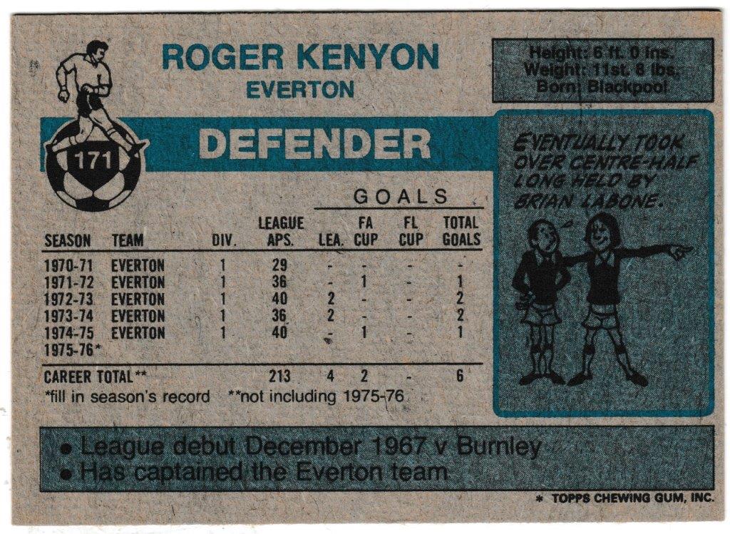 Topps (UK) - 'Footballers (Blue Back 111-220) Card #171 - Roger Kenyon (Everton) Topps (UK) - 'Footballers (Blue Back 111-220) Card #171 - Roger Kenyon (Everton)