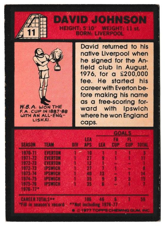 Topps (UK) - 'Footballers (Red Back 1-110)' - Card #11 - David Johnson (Liverpool) Topps (UK) - 'Footballers (Red Back 1-110)' - Card #11 - David Johnson (Liverpool)