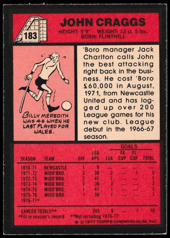 Topps (UK) - 'Footballers (Red Back 111-220)' - Card #183 - John Craggs (Middlesbrough) Topps (UK) - 'Footballers (Red Back 111-220)' - Card #183 - John Craggs (Middlesbrough)