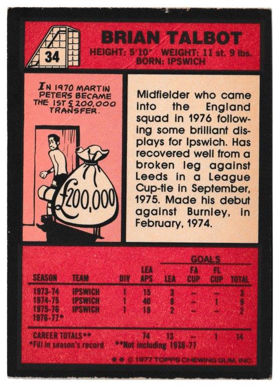 Topps (UK) - 'Footballers (Red Back 1-110)' - Card #34 - Brian Talbot (Ipswich) Topps (UK) - 'Footballers (Red Back 1-110)' - Card #34 - Brian Talbot (Ipswich)