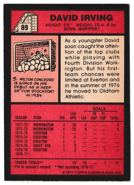 Topps (UK) - 'Footballers (Red Back 1-110)' - Card #89 - David Irving (Oldham) Topps (UK) - 'Footballers (Red Back 1-110)' - Card #89 - David Irving (Oldham)