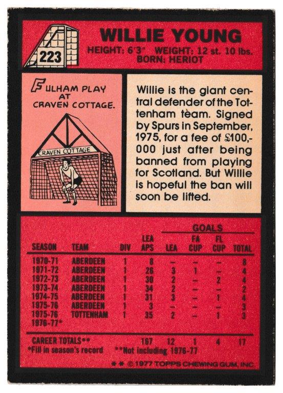 Topps (UK) - 'Footballers (Red Back 221-330)' - Card #223 - Willie Young (Spurs) Topps (UK) - 'Footballers (Red Back 221-330)' - Card #223 - Willie Young (Spurs)