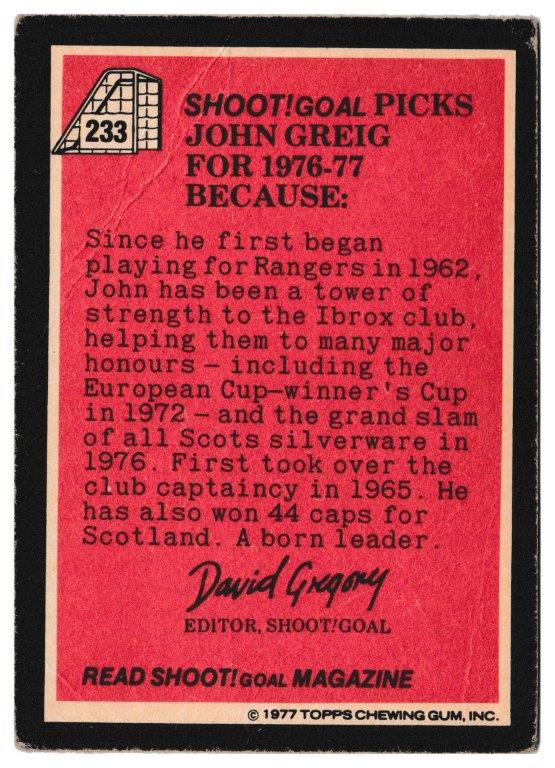 Topps (UK) - 'Footballers (Red Back 221-330)' - Card #233 - John Greig - All Stars Topps (UK) - 'Footballers (Red Back 221-330)' - Card #233 - John Greig - All Stars