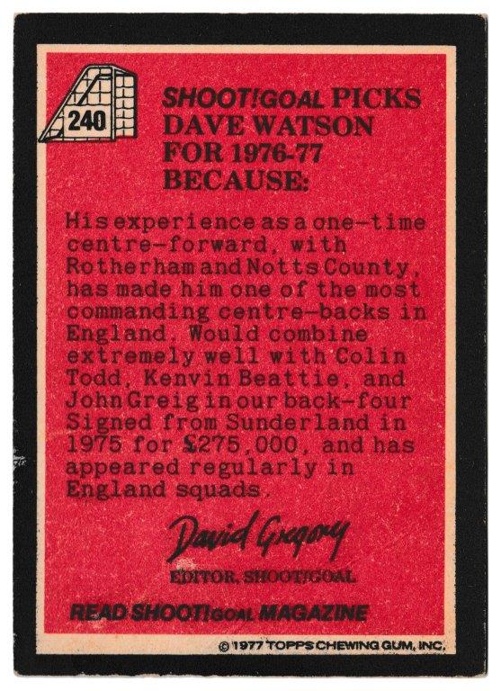 Topps (UK) - 'Footballers (Red Back 221-330)' - Card #240 - Dave Watson - All Stars Topps (UK) - 'Footballers (Red Back 221-330)' - Card #240 - Dave Watson - All Stars
