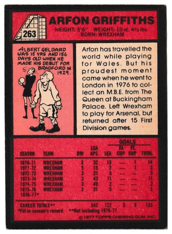 Topps (UK) - 'Footballers (Red Back 221-330)' - Card #263 - Arfon Griffiths (Wrexham) Topps (UK) - 'Footballers (Red Back 221-330)' - Card #263 - Arfon Griffiths (Wrexham)
