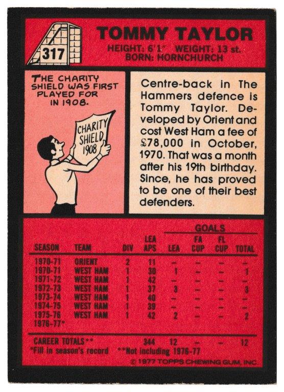 Topps (UK) - 'Footballers (Red Back 221-330)' - Card #317 - Tommy Taylor (West Ham) Topps (UK) - 'Footballers (Red Back 221-330)' - Card #317 - Tommy Taylor (West Ham)