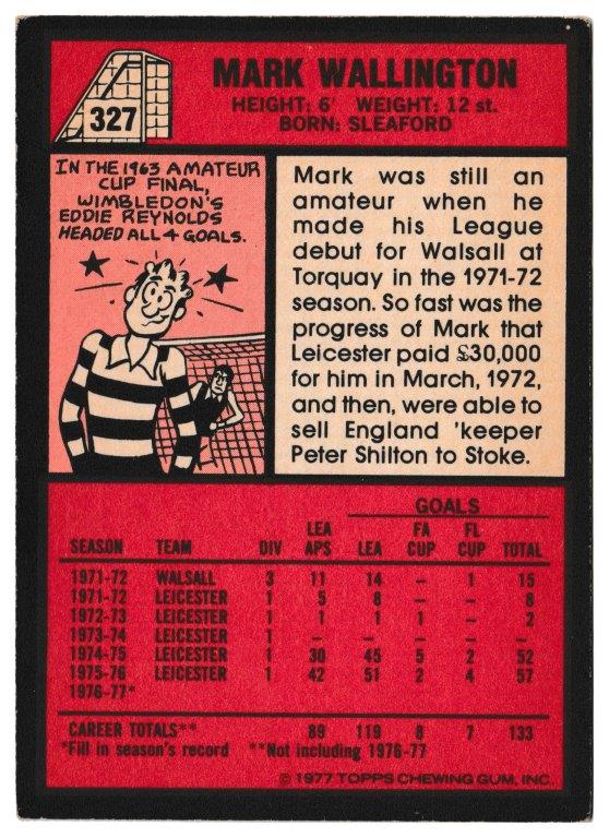 Topps (UK) - 'Footballers (Red Back 221-330)' - Card #327 - Mark Wallington (Leicester City) Topps (UK) - 'Footballers (Red Back 221-330)' - Card #327 - Mark Wallington (Leicester City)