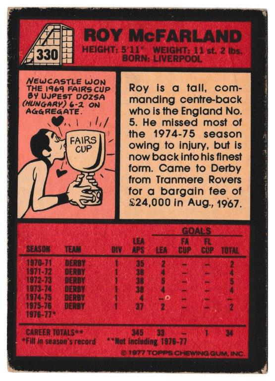 Topps (UK) - 'Footballers (Red Back 221-330)' - Card #330 - Roy McFarland (Derby County) Topps (UK) - 'Footballers (Red Back 221-330)' - Card #330 - Roy McFarland (Derby County)