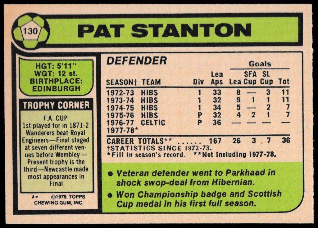 Topps (UK) - 'Footballers 1977-78 (Scottish)' (1977) - Pat Stanton (Celtic) Topps (UK) - 'Footballers 1977-78 (Scottish)' (1977) - Pat Stanton (Celtic)