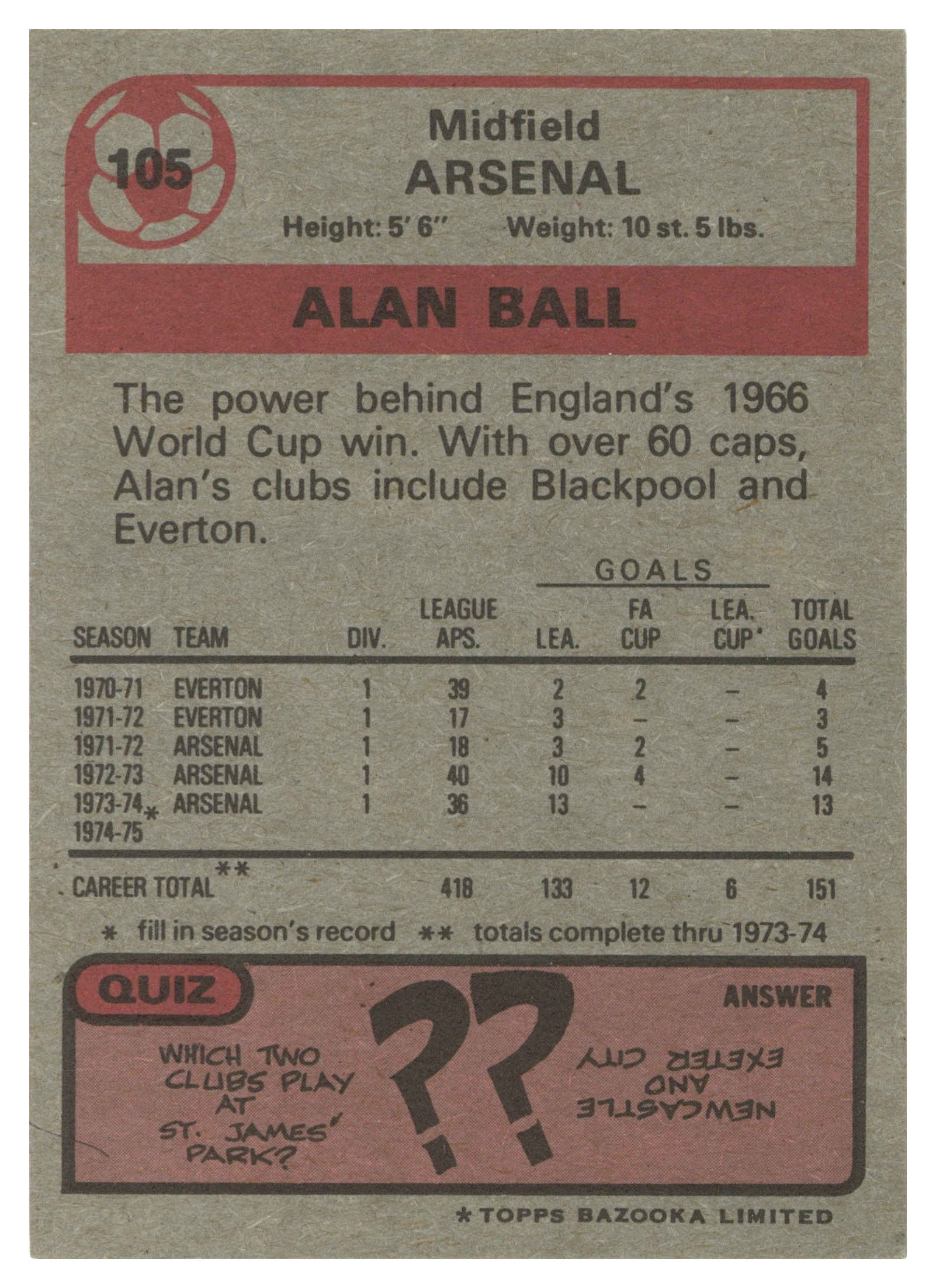 Topps (UK) - 'Footballers 1974-75 S1 (Bazooka/Red)' (1975) - #105 - Alan Ball (Arsenal) Topps (UK) - 'Footballers 1974-75 S1 (Bazooka/Red)' (1975) - #105 - Alan Ball (Arsenal)