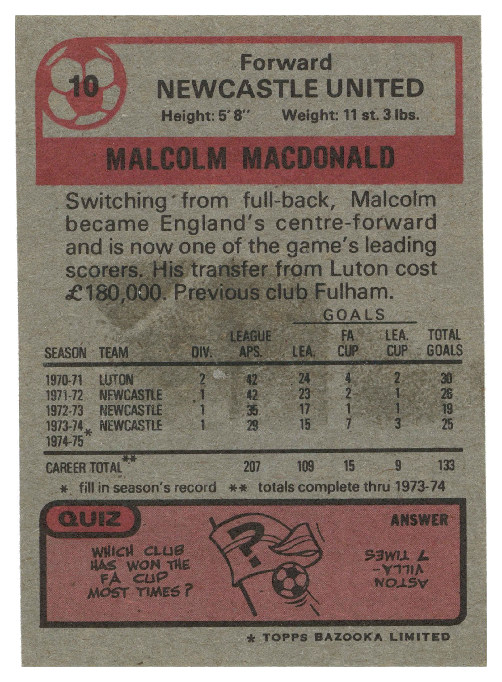 Topps (UK) - 'Footballers 1974-75 S1 (Bazooka/Red)' (1975) - #10 - Malcolm MacDonald (Newcastle United) Topps (UK) - 'Footballers 1974-75 S1 (Bazooka/Red)' (1975) - #10 - Malcolm MacDonald (Newcastle United)