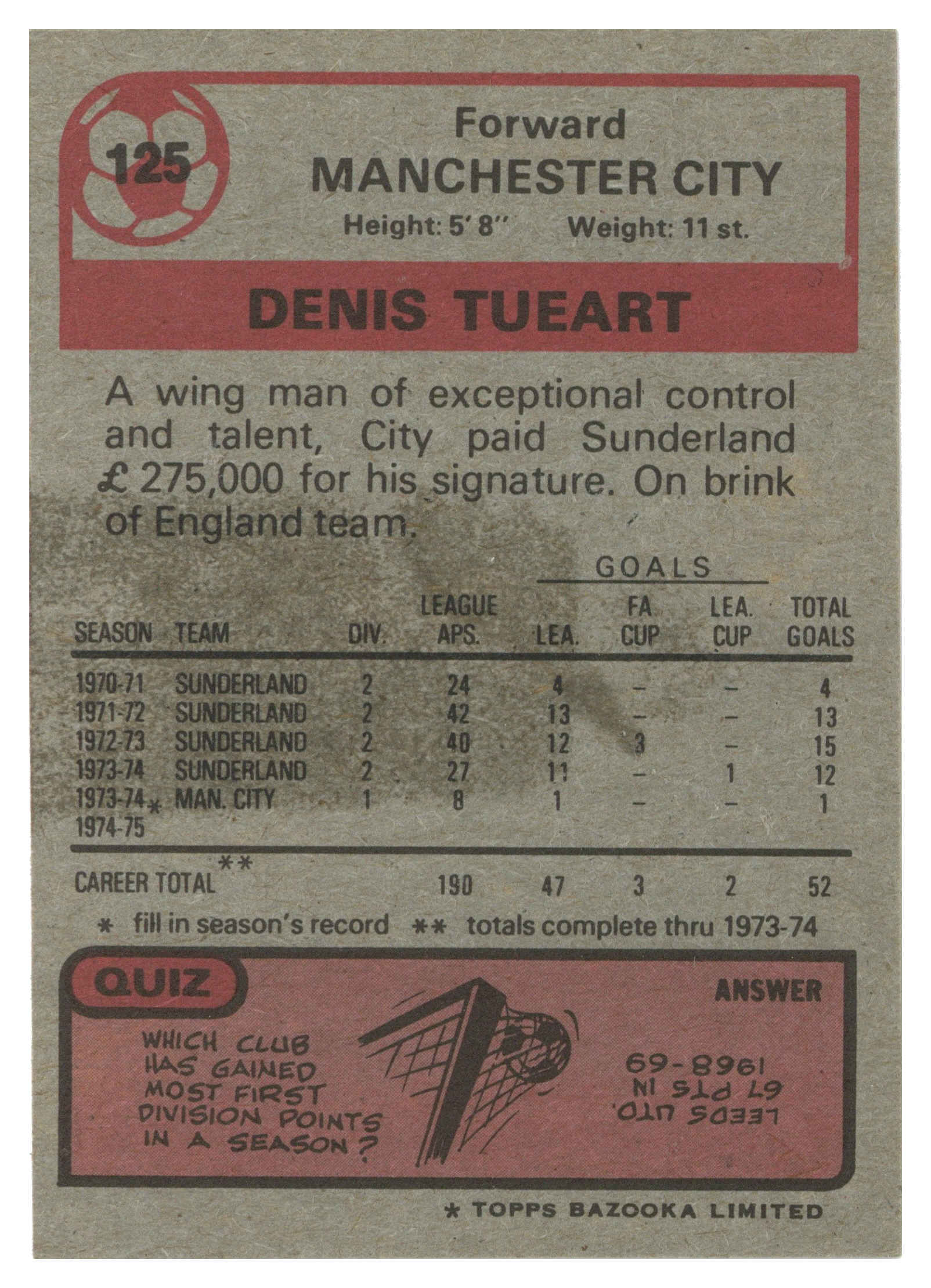 Topps (UK) - 'Footballers 1974-75 S1 (Bazooka/Red)' (1975) - #125 - Dennis Tueart (Manchester City) Topps (UK) - 'Footballers 1974-75 S1 (Bazooka/Red)' (1975) - #125 - Dennis Tueart (Manchester City)