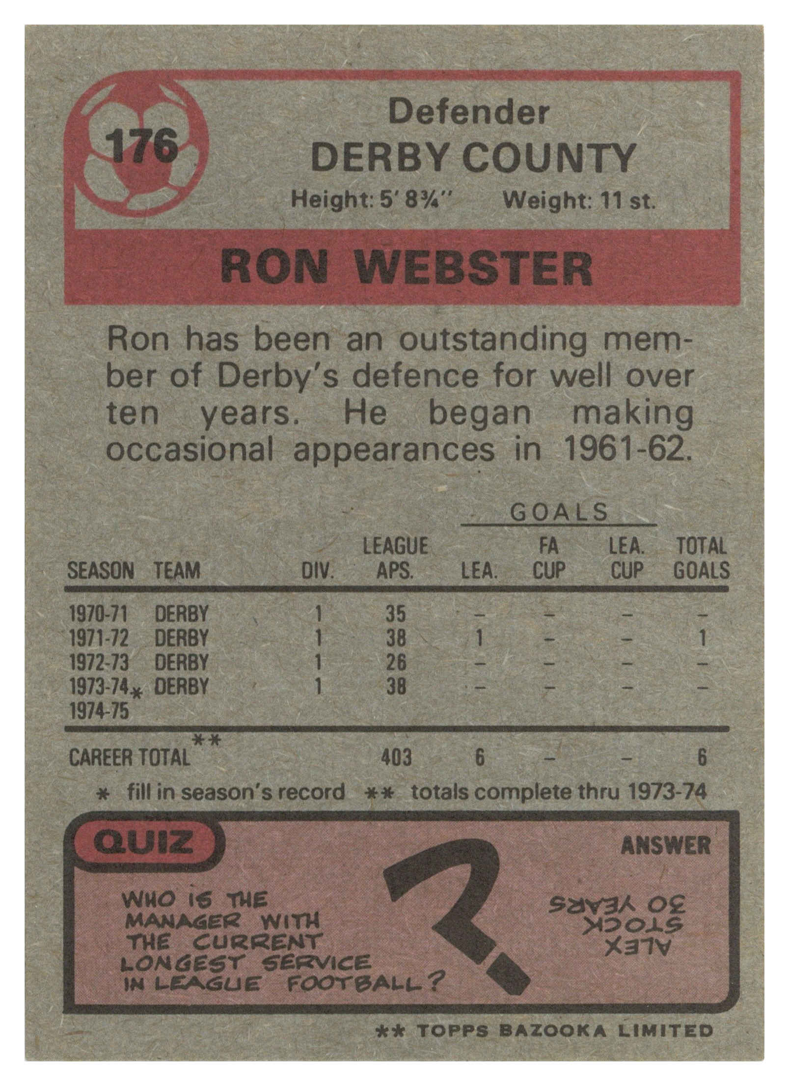 Topps (UK) - 'Footballers 1974-75 S2 (Bazooka/Red)' (1975) - #176 - Ron Webster (Derby County) Topps (UK) - 'Footballers 1974-75 S2 (Bazooka/Red)' (1975) - #176 - Ron Webster (Derby County)