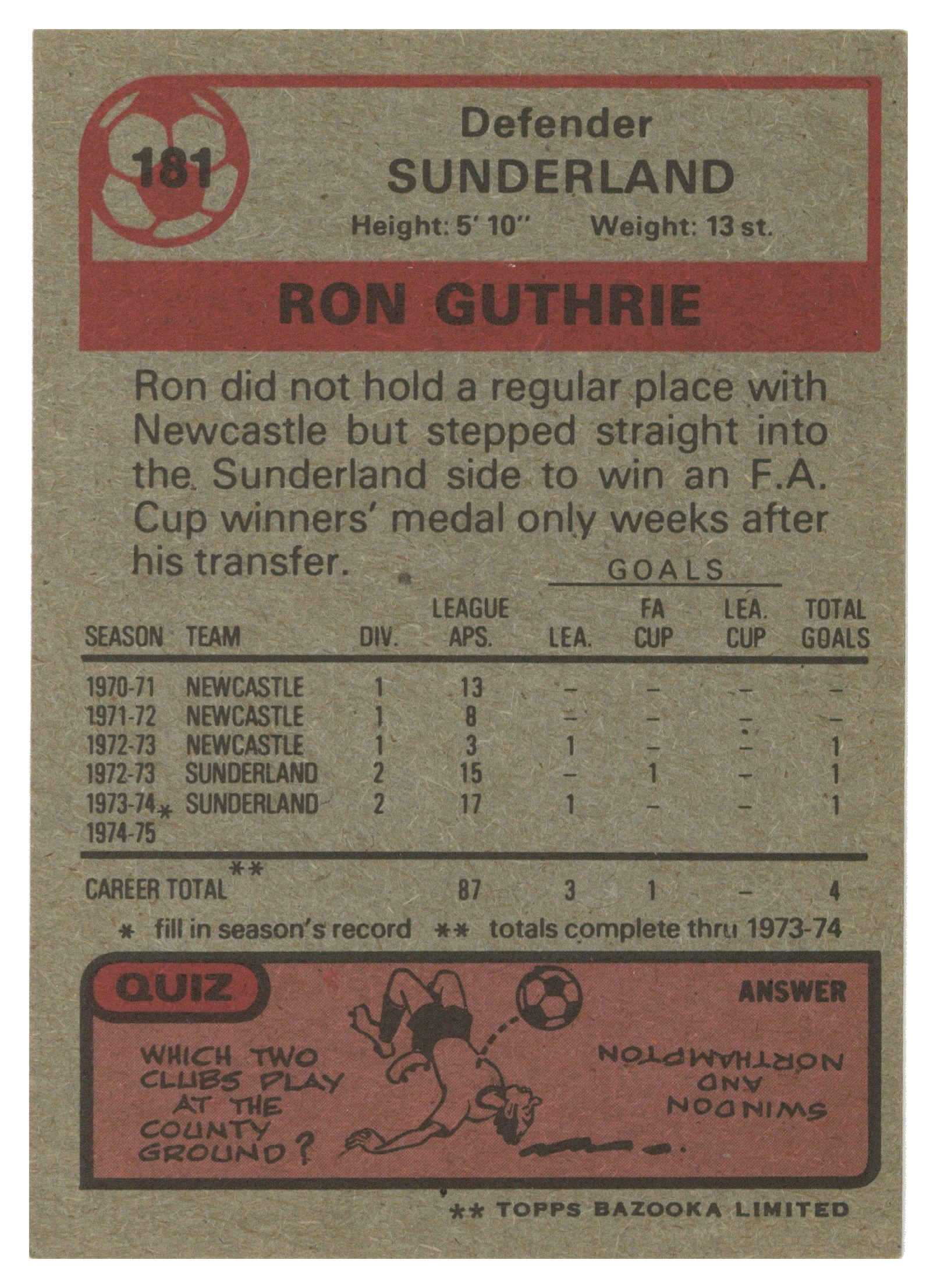 Topps (UK) - 'Footballers 1974-75 S2 (Bazooka/Red)' (1975) - #181 - Ron Guthrie (Sunderland) Topps (UK) - 'Footballers 1974-75 S2 (Bazooka/Red)' (1975) - #181 - Ron Guthrie (Sunderland)