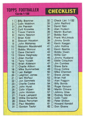 Topps (UK) - 'Footballers 1974-75 S1 (Bazooka/Red)' (1975) - #32 - Checklist (Nos. 1-132)