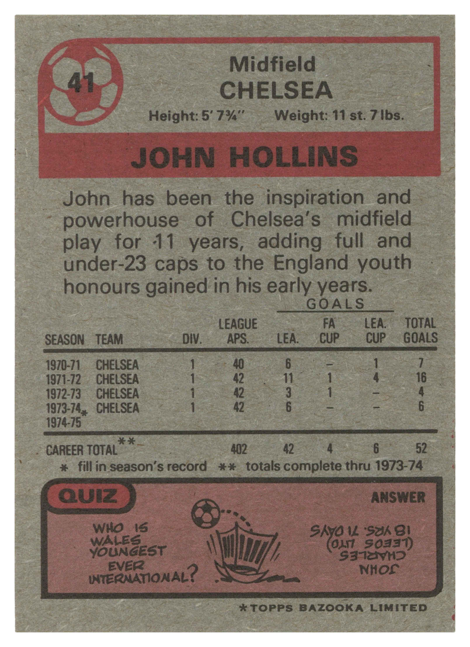 Topps (UK) - 'Footballers 1974-75 S1 (Bazooka/Red)' (1975) - #41 - John Hollins (Chelsea) Topps (UK) - 'Footballers 1974-75 S1 (Bazooka/Red)' (1975) - #41 - John Hollins (Chelsea)
