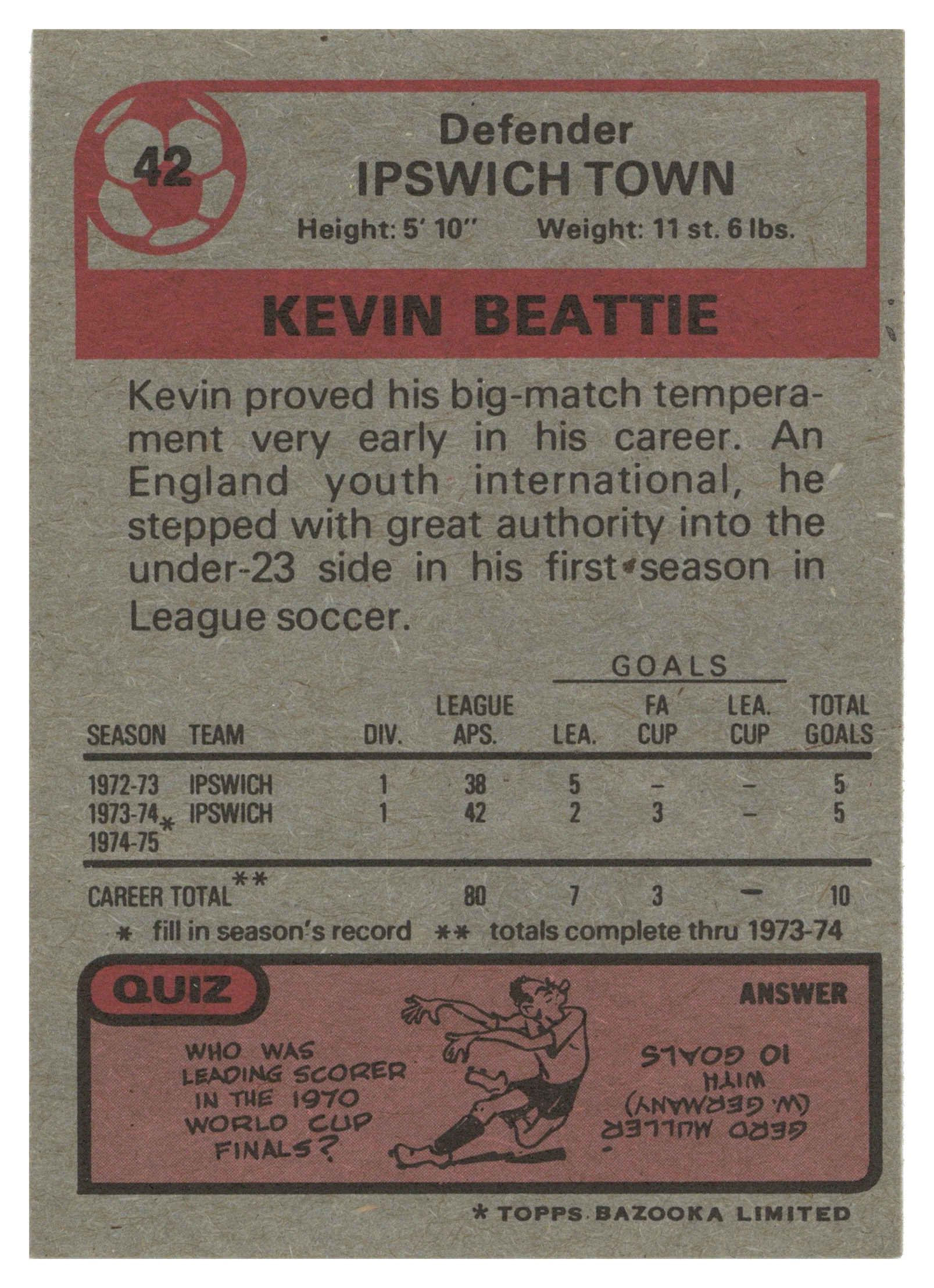 Topps (UK) - 'Footballers 1974-75 S1 (Bazooka/Red)' (1975) - #42 - Kevin Beattie (Ipswich Town) Topps (UK) - 'Footballers 1974-75 S1 (Bazooka/Red)' (1975) - #42 - Kevin Beattie (Ipswich Town)