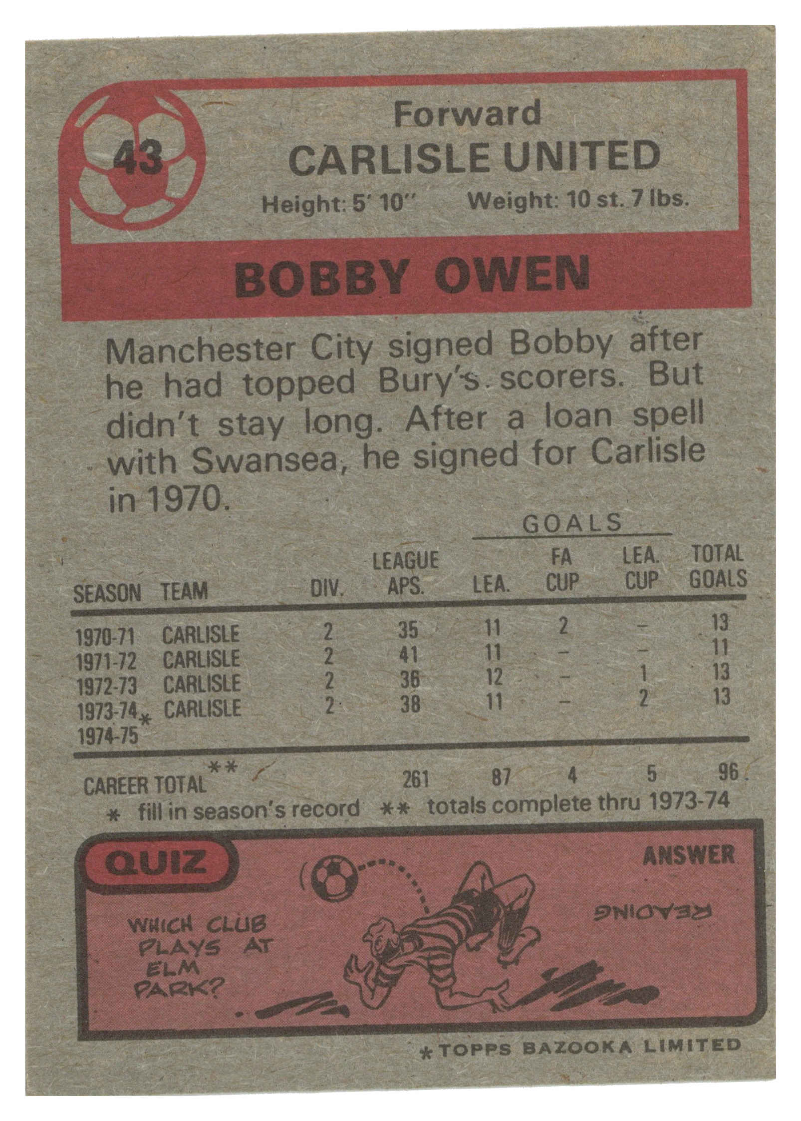 Topps (UK) - 'Footballers 1974-75 S1 (Bazooka/Red)' (1975) - #43 - Robert Owen (Carlisle United) Topps (UK) - 'Footballers 1974-75 S1 (Bazooka/Red)' (1975) - #43 - Robert Owen (Carlisle United)