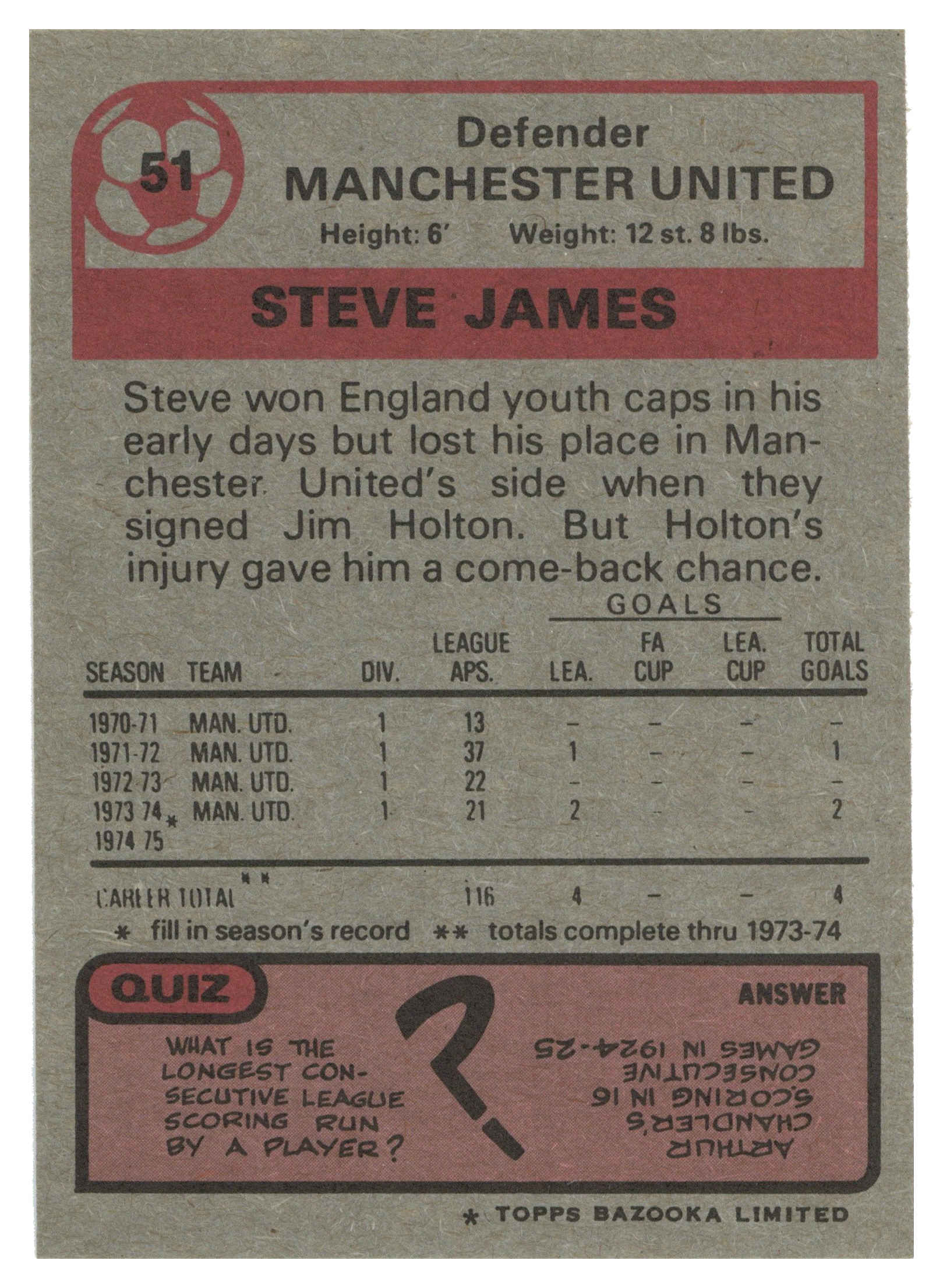 Topps (UK) - 'Footballers 1974-75 S1 (Bazooka/Red)' (1975) - #51 - Steve James (Manchester United) Topps (UK) - 'Footballers 1974-75 S1 (Bazooka/Red)' (1975) - #51 - Steve James (Manchester United)