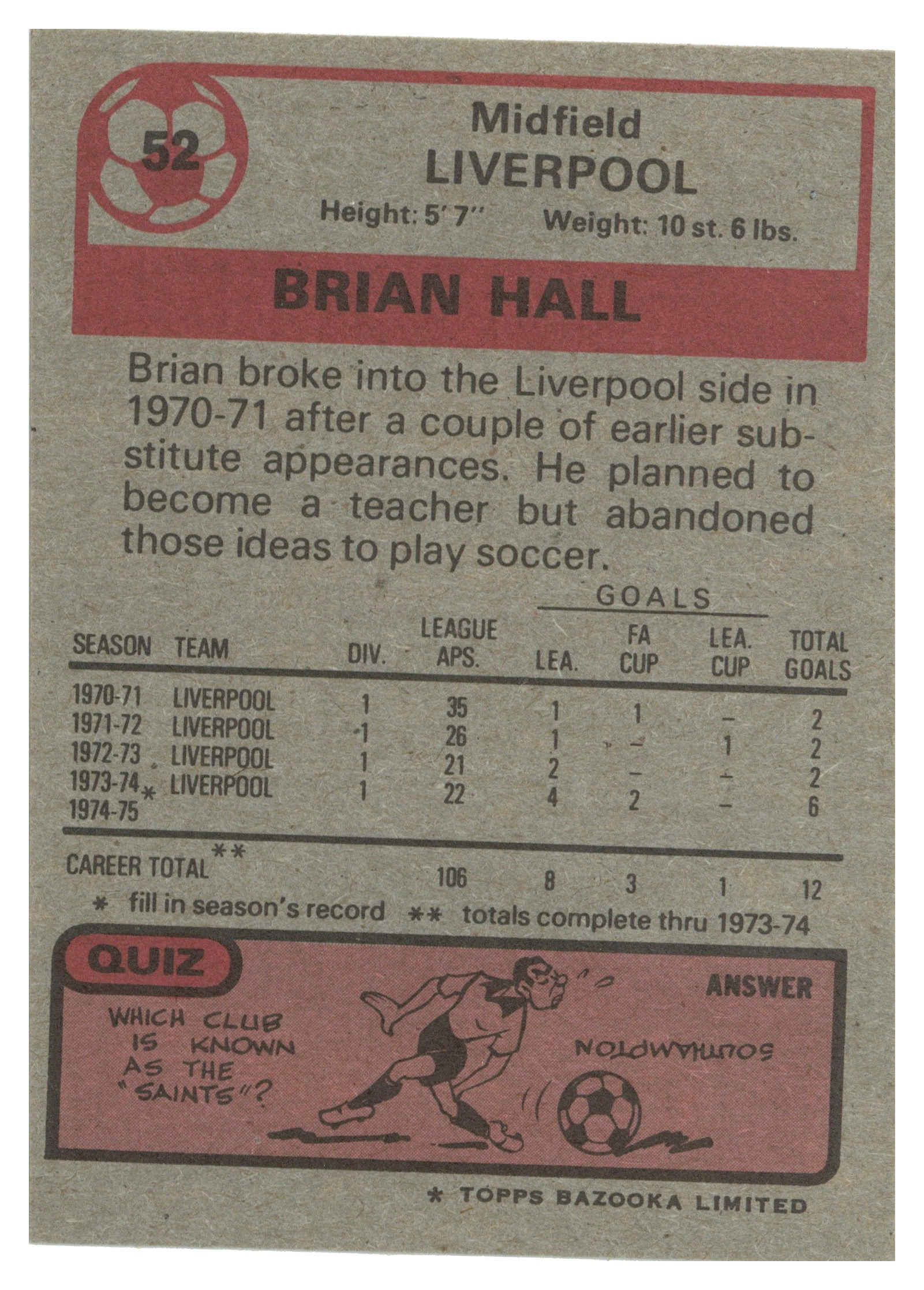 Topps (UK) - 'Footballers 1974-75 S1 (Bazooka/Red)' (1975) - #52 - Brian Hall (Liverpool) Topps (UK) - 'Footballers 1974-75 S1 (Bazooka/Red)' (1975) - #52 - Brian Hall (Liverpool)