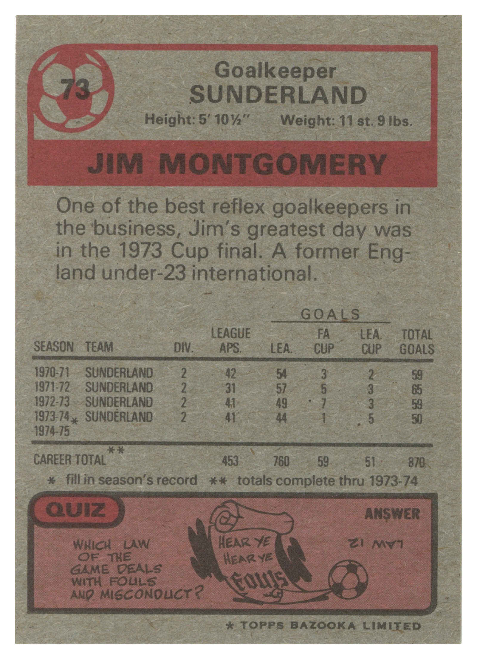 Topps (UK) - 'Footballers 1974-75 S1 (Bazooka/Red)' (1975) - #73 - Jim Montgomery (Sunderland) Topps (UK) - 'Footballers 1974-75 S1 (Bazooka/Red)' (1975) - #73 - Jim Montgomery (Sunderland)
