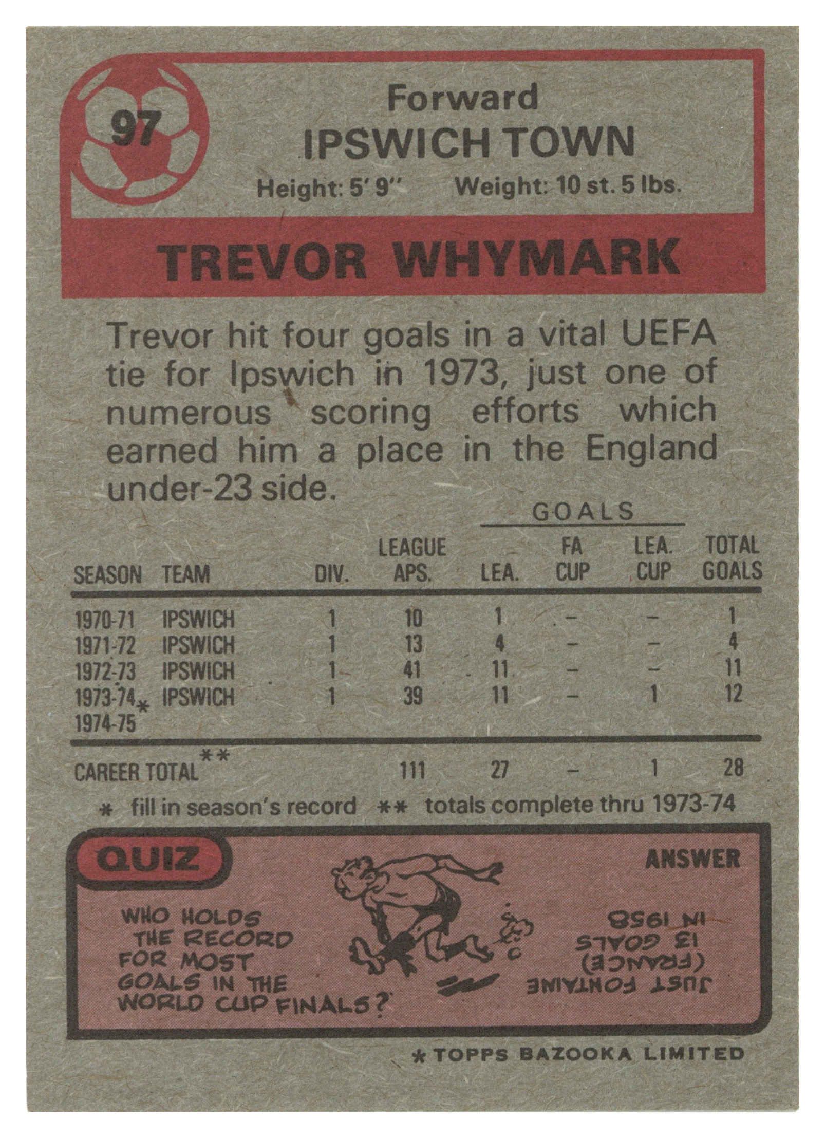 Topps (UK) - 'Footballers 1974-75 S1 (Bazooka/Red)' (1975) - #97 - Trevor Whymark (Ipswich Town) Topps (UK) - 'Footballers 1974-75 S1 (Bazooka/Red)' (1975) - #97 - Trevor Whymark (Ipswich Town)