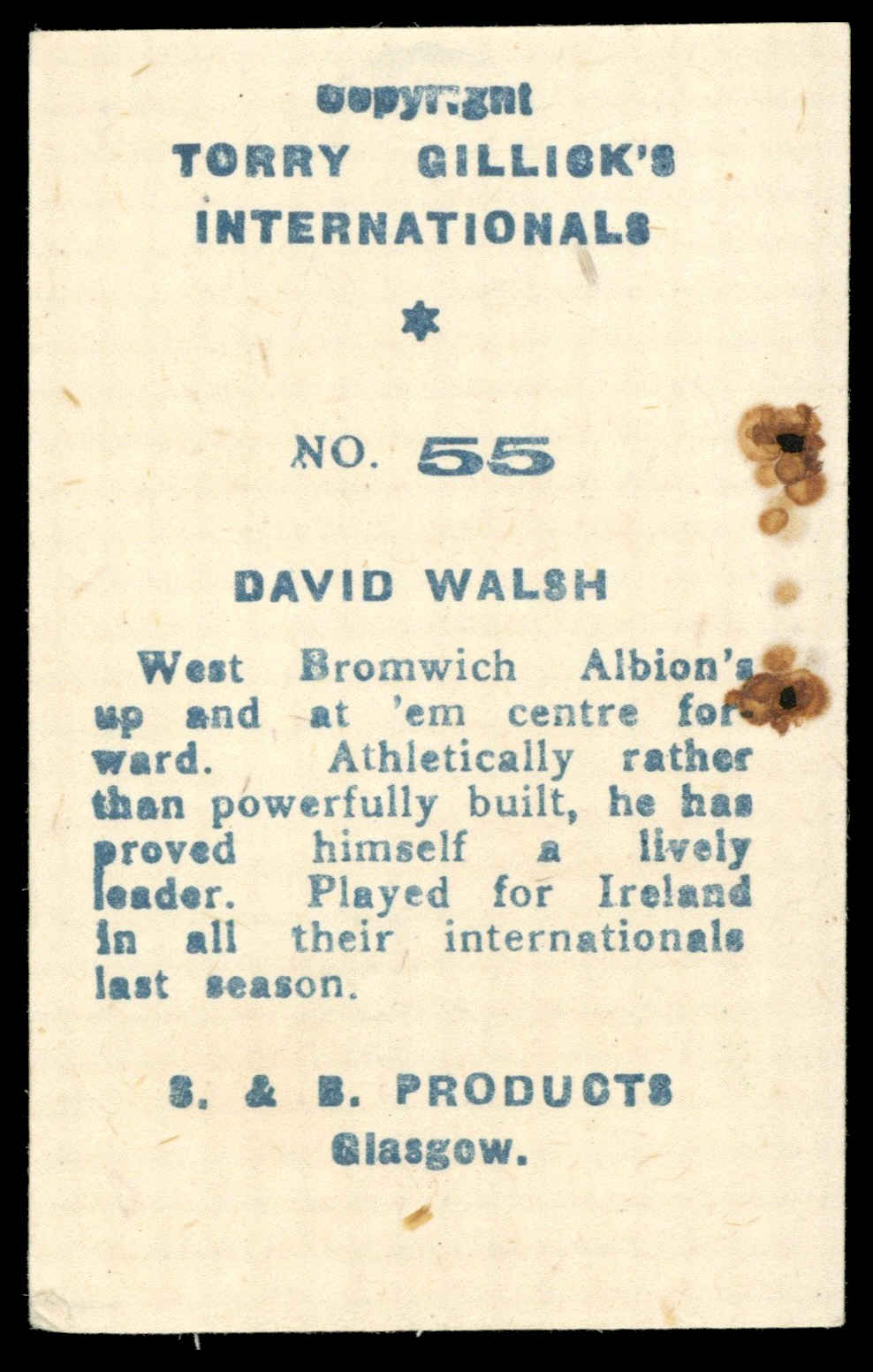 S & B Products - 'Torry Gillick's Internationals' (1948) - D. Walsh (West Bromwich Albion) S & B Products - 'Torry Gillick's Internationals' (1948) - D. Walsh (West Bromwich Albion)