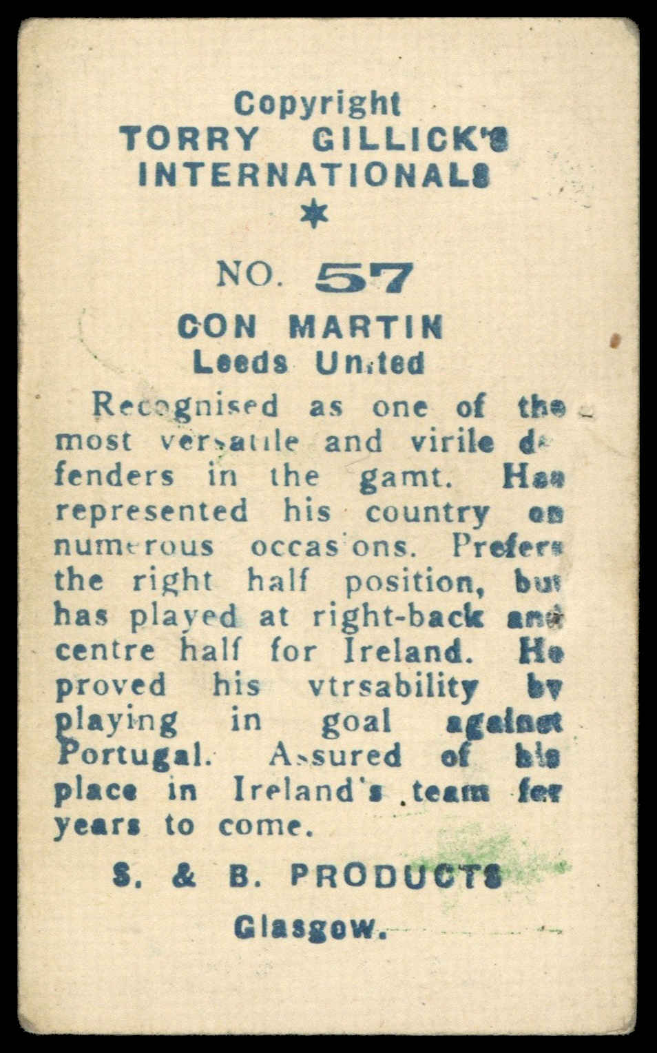 S & B Products - 'Torry Gillick's Internationals' (1948) - Martin (Leeds United) S & B Products - 'Torry Gillick's Internationals' (1948) - Martin (Leeds United)