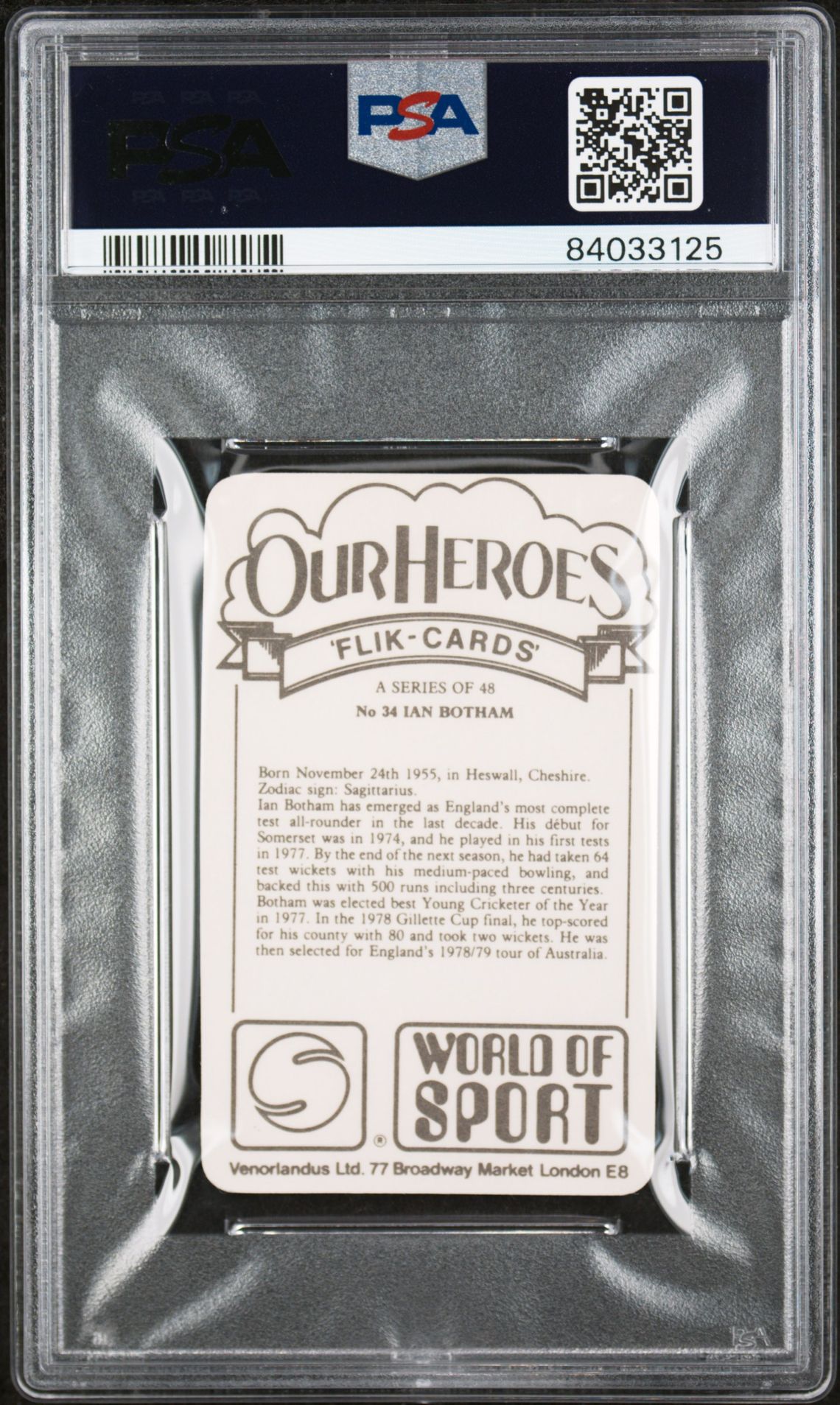 Venorlandus - 'Our Heroes World of Sport' (1979) - Ian Botham (Somerset) **PSA8** Venorlandus - 'Our Heroes World of Sport' (1979) - Ian Botham (Somerset) **PSA8**