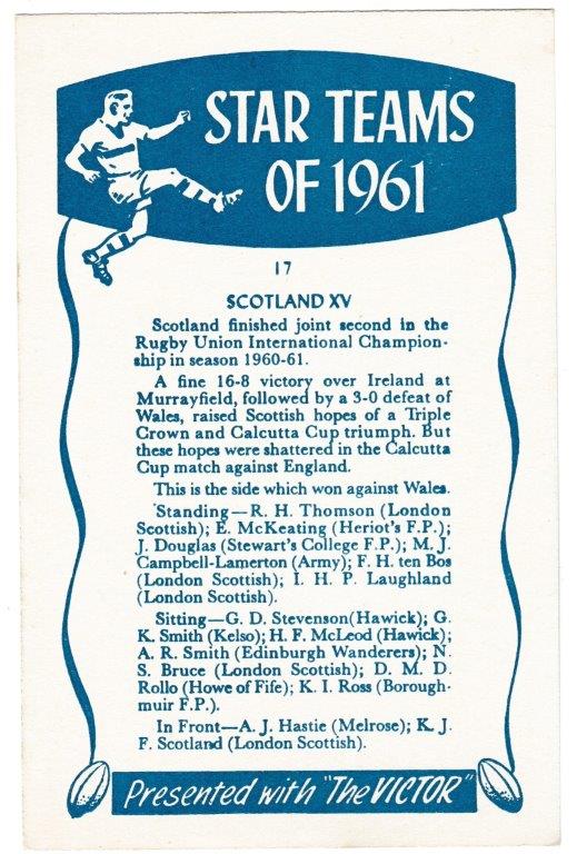 Victor - 'Star Teams of 1961' (1961) - Card #17 - Scotland XV Victor - 'Star Teams of 1961' (1961) - Card #17 - Scotland XV