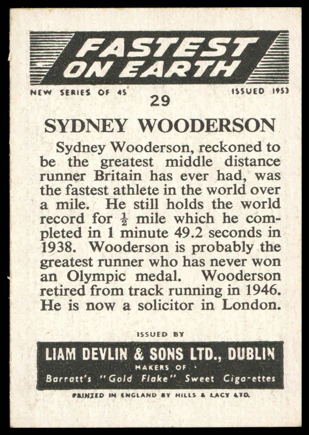 Devlin (Liam) - 'Fastest on Earth' (1953) - Sydney Wooderson (Athletics) Devlin (Liam) - 'Fastest on Earth' (1953) - Sydney Wooderson (Athletics)