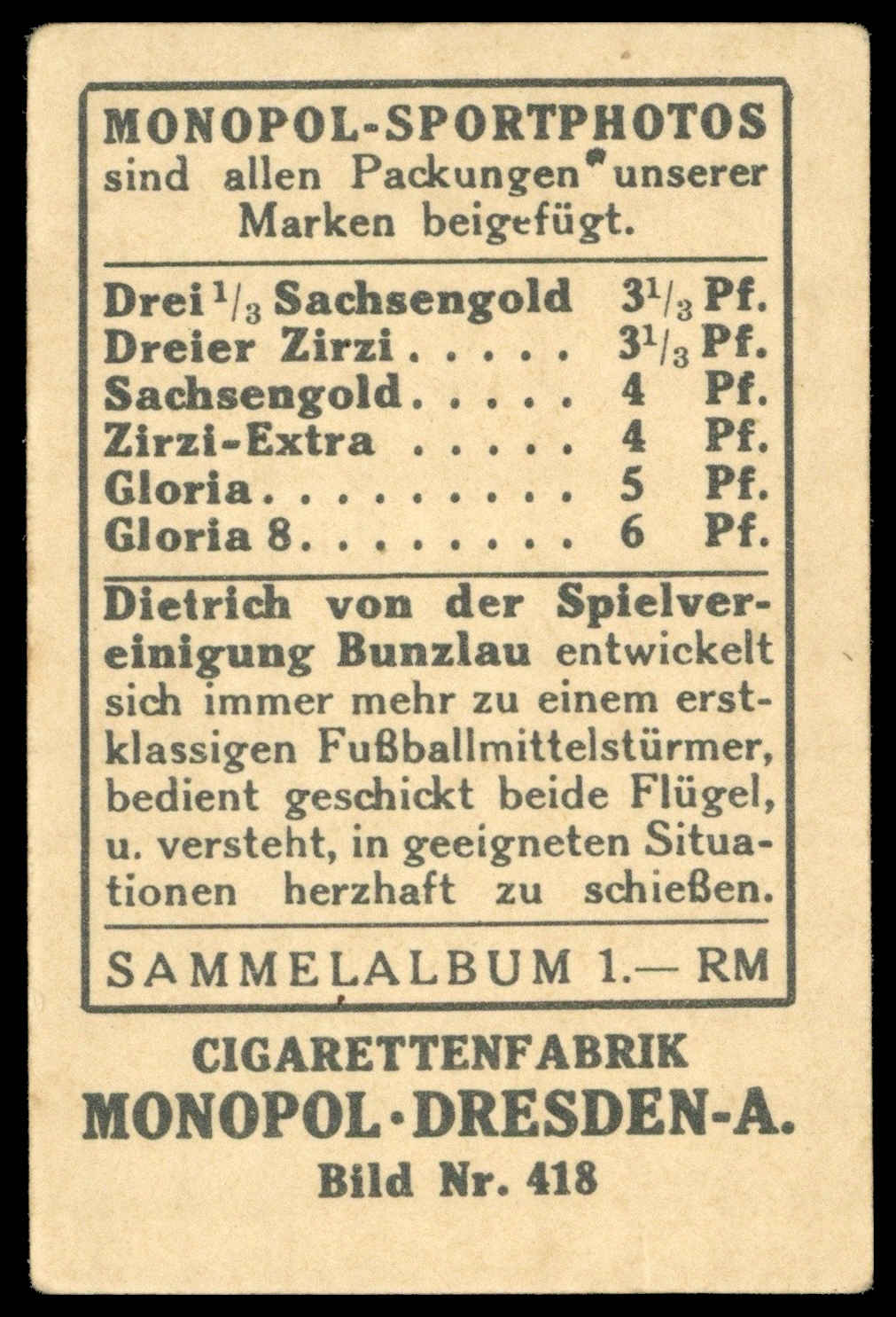 Monopol - 'Sportphotos' (1932) - Dietrich (SpVgg Bunzlau) Monopol - 'Sportphotos' (1932) - Dietrich (SpVgg Bunzlau)