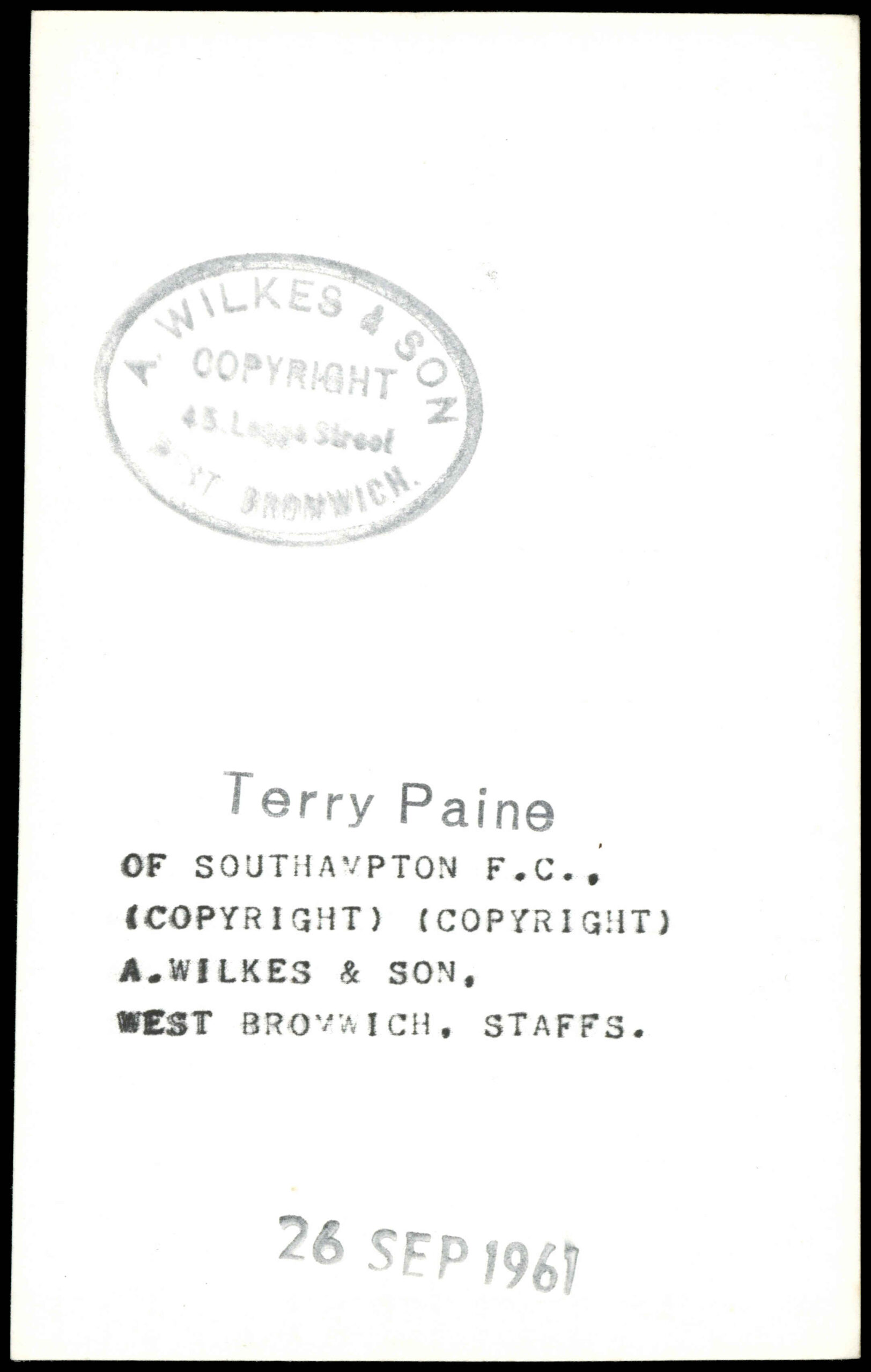 Wilkes - 'Agency Photo' (1961) - Terry Paine (Southampton) Wilkes - 'Agency Photo' (1961) - Terry Paine (Southampton)