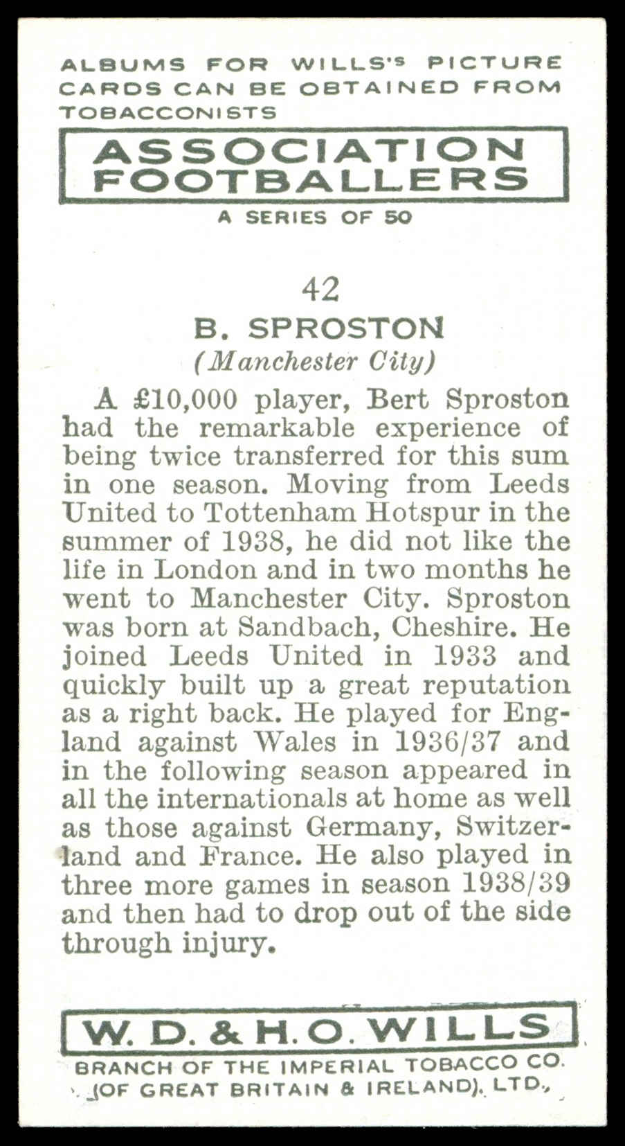 Wills - 'Association Footballers (Irish)' (1939) - #42 - B. Sproston (Manchester City) Wills - 'Association Footballers (Irish)' (1939) - #42 - B. Sproston (Manchester City)