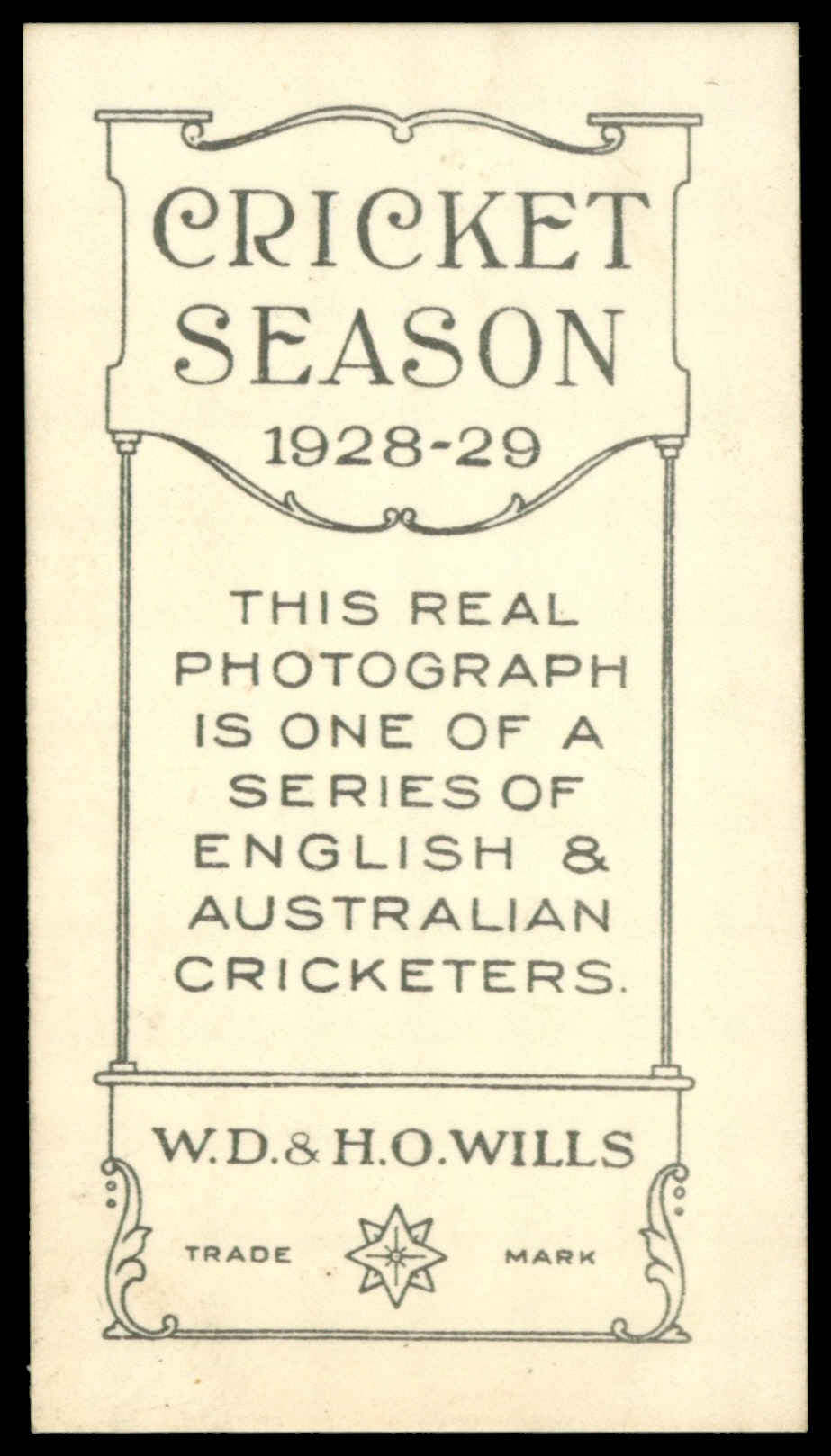 Wills Overseas - 'Cricket Season 1928-29' (1928) - H. Sutcliffe (Yorkshire) Wills Overseas - 'Cricket Season 1928-29' (1928) - H. Sutcliffe (Yorkshire)