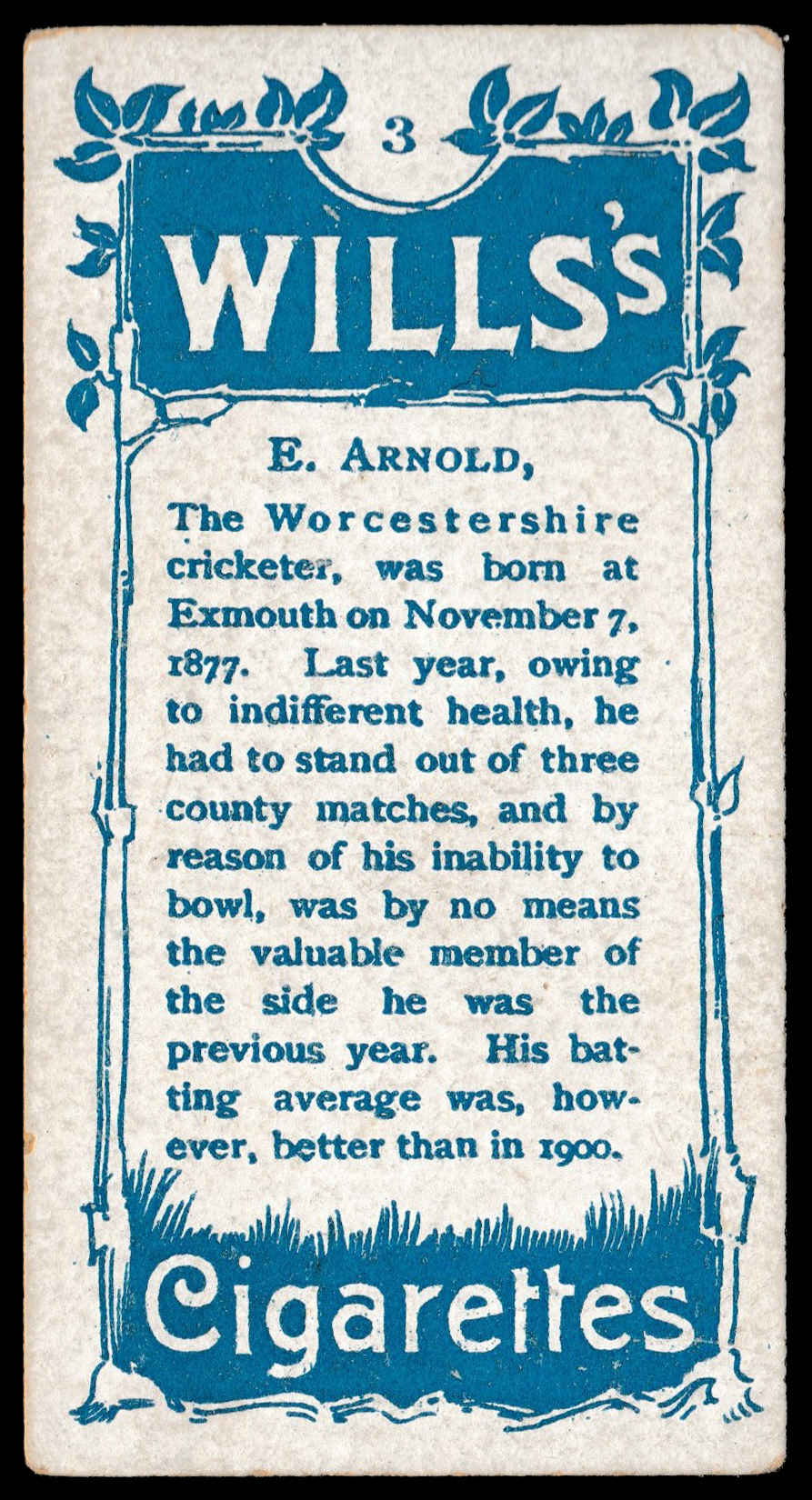 Wills (W.D. & H.O.) - 'Australian & English Cricketers' (1903) - Card #3 - Arnold (Worcs) Wills (W.D. & H.O.) - 'Australian & English Cricketers' (1903) - Card #3 - Arnold (Worcs)