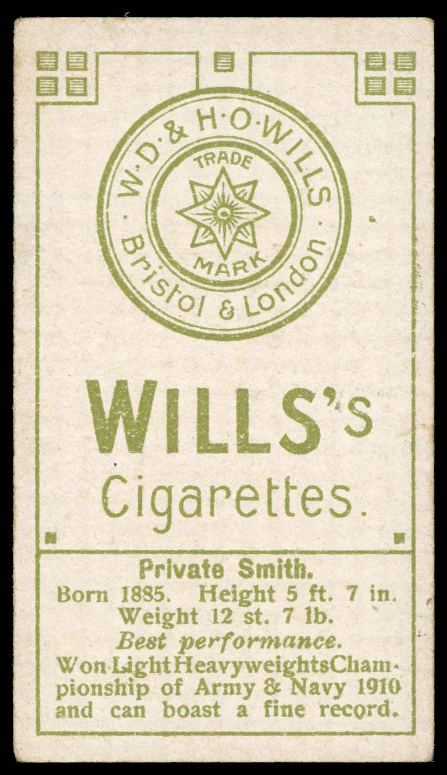 Wills - 'Boxers (Star & Circle)' (1911) - Private Smith (British) Wills - 'Boxers (Star & Circle)' (1911) - Private Smith (British)