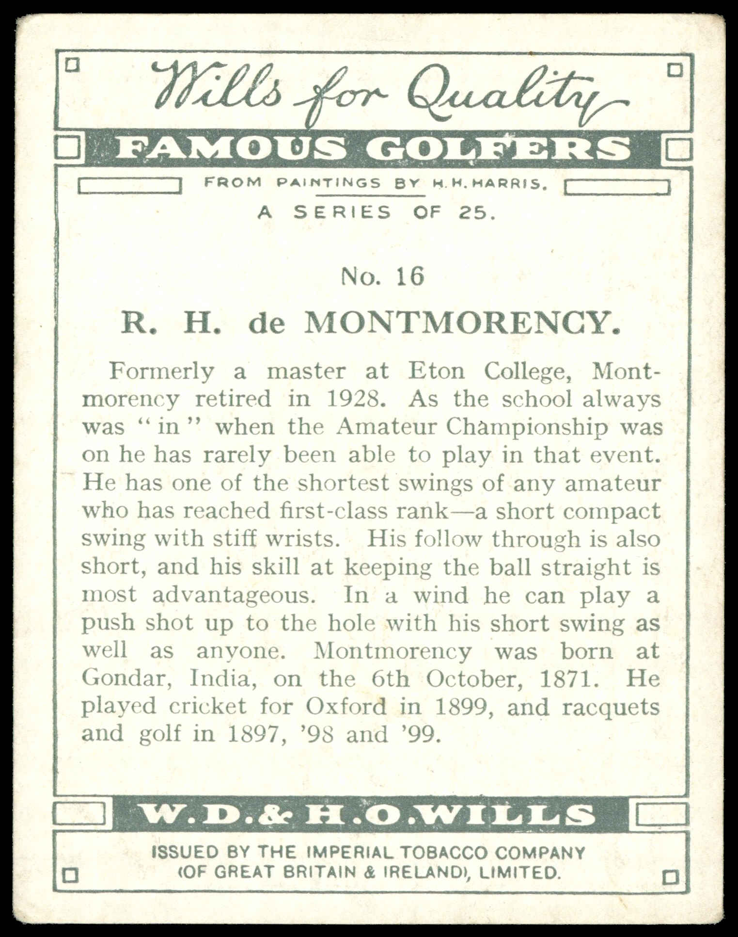 Wills - R.H. de Montmorency - 'Famous Golfers' - (1930) Wills - R.H. de Montmorency - 'Famous Golfers' - (1930)