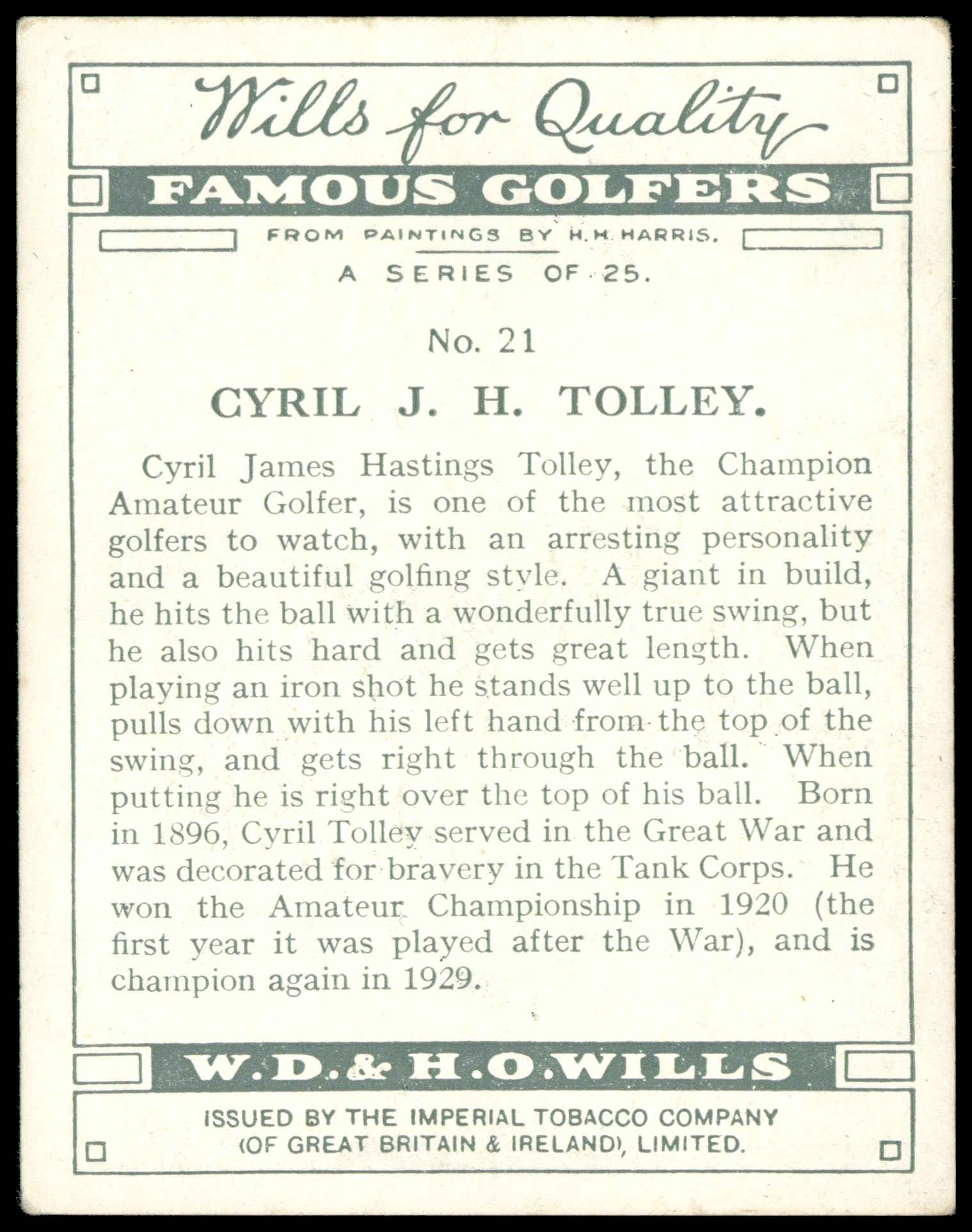 Wills - Cyril J.H. Tolley - 'Famous Golfers' - (1930) Wills - Cyril J.H. Tolley - 'Famous Golfers' - (1930)