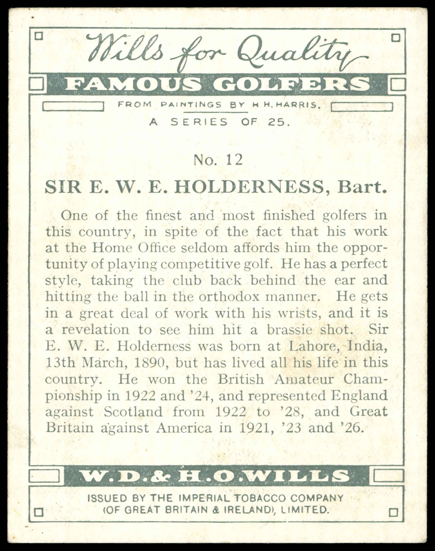 Wills - 'Famous Golfers' (1930) - #12 - Sir E.W. Holderness Wills - 'Famous Golfers' (1930) - #12 - Sir E.W. Holderness