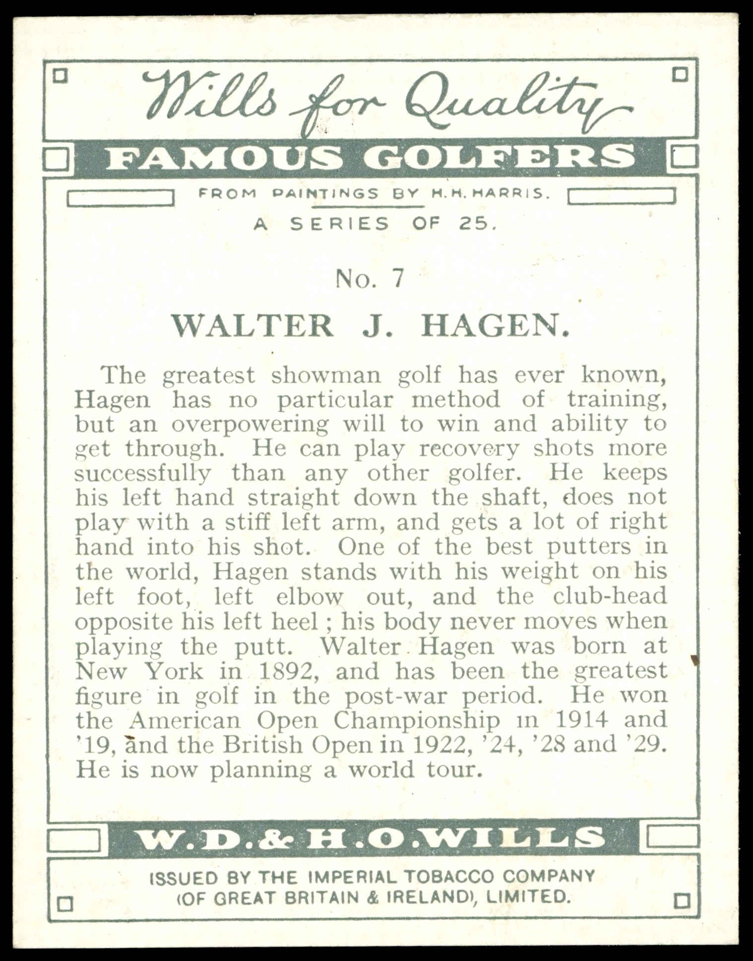 Wills - Walter J. Hagen - 'Famous Golfers' - (1930) Wills - Walter J. Hagen - 'Famous Golfers' - (1930)