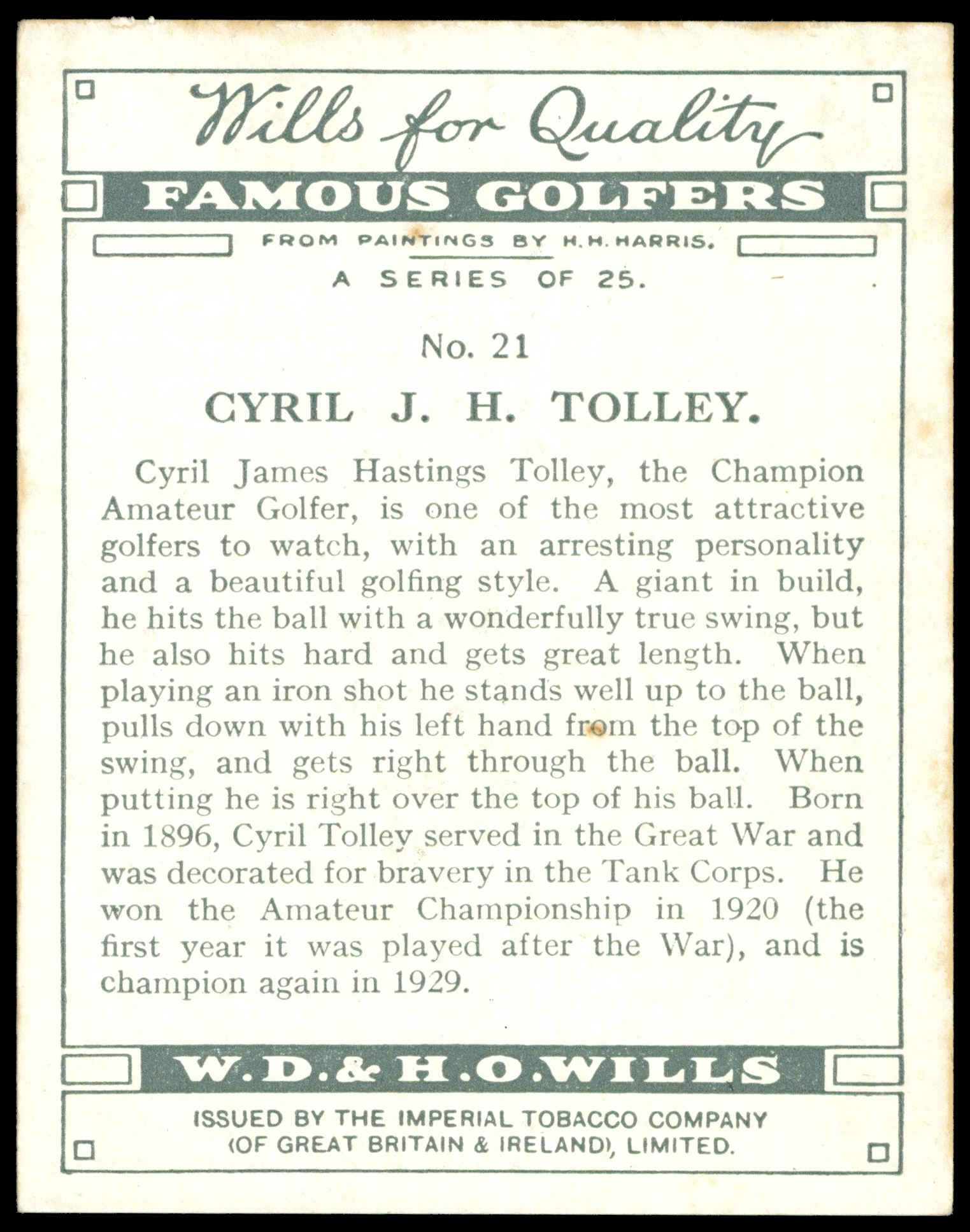 Wills - 'Famous Golfers' (1930) - Cyril J.H. Tolley Wills - 'Famous Golfers' (1930) - Cyril J.H. Tolley