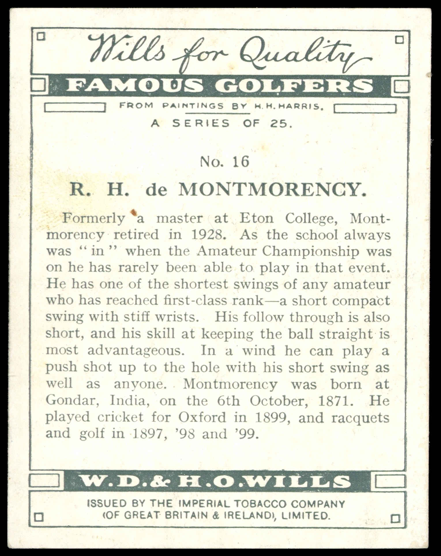 Wills - 'Famous Golfers' (1930) - R.H. de Montmorency Wills - 'Famous Golfers' (1930) - R.H. de Montmorency